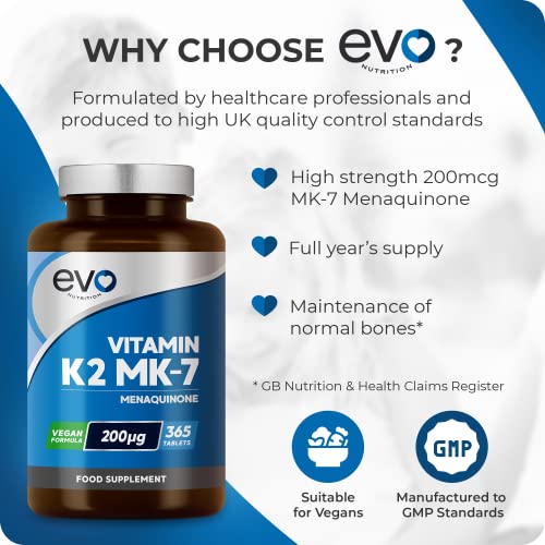 EVO NUTRITION Vitamin K2 MK-7 200mcg | 365 Vegetarian and Vegan Tablets - Maple Wellness Supplements
