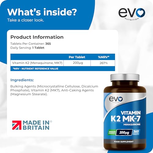 EVO NUTRITION Vitamin K2 MK-7 200mcg | 365 Vegetarian and Vegan Tablets - Maple Wellness Supplements