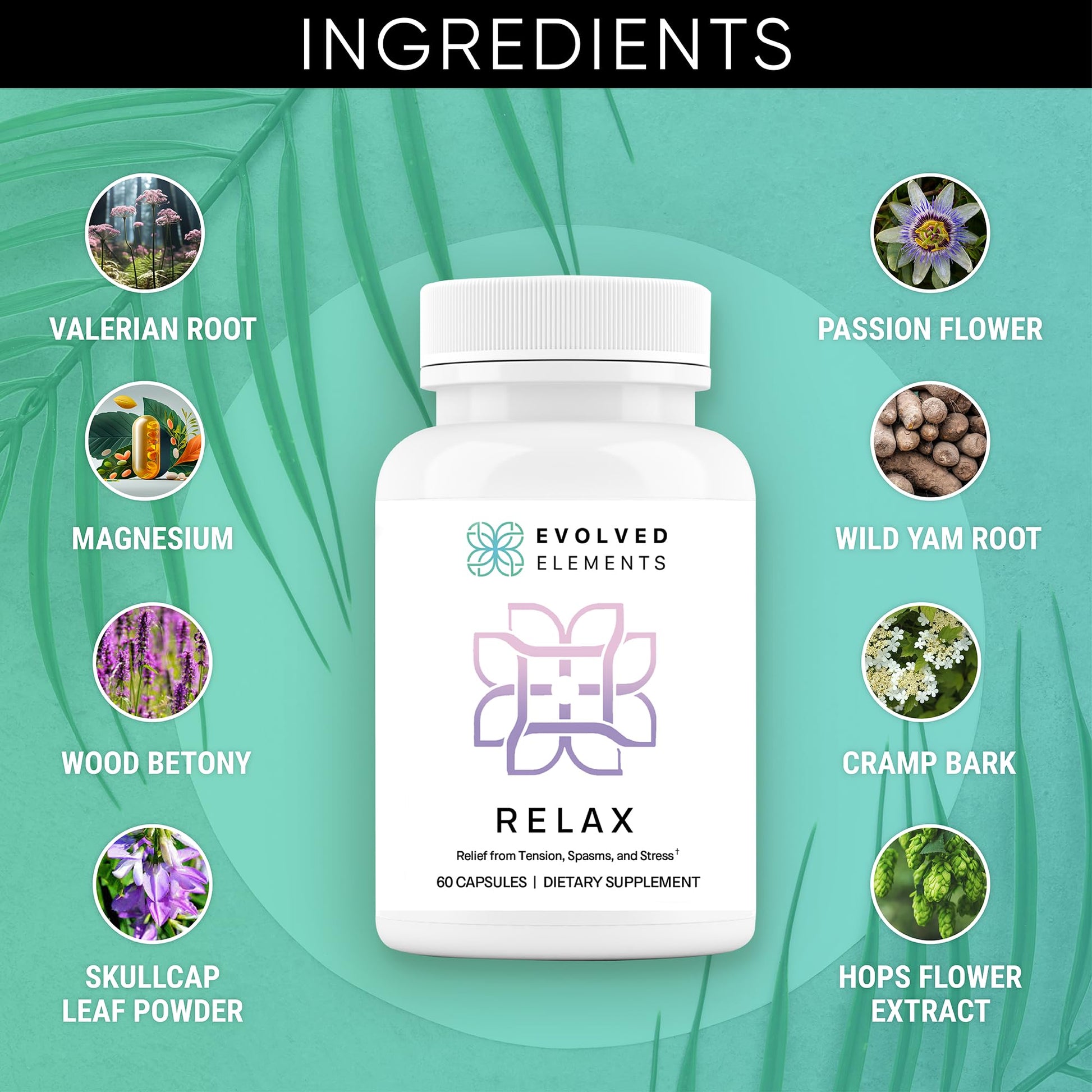 Evolved Elements All-Natural Muscle Relaxer | 60 Capsules | Spasm Relief with Magnesium, Passion Flower, and Valerian Root | Relieves Muscle Spasms, Tension, and Promotes Calmness - Maple Wellness Supplements