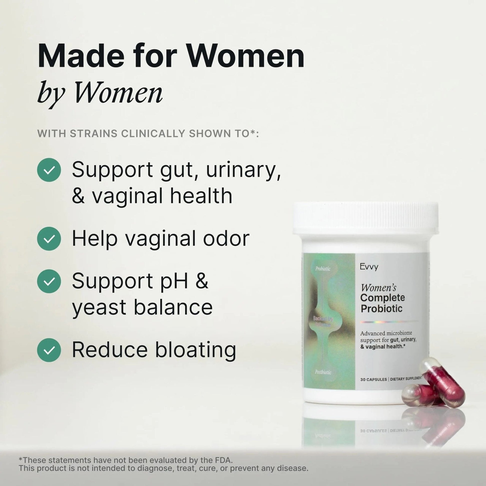 Evvy Women's 3-in-1 Complete Probiotic I Daily Probiotic Supplement to Reduce Bloating I Supports Gut, Urinary & Vaginal Health | Includes Vaginal Probiotics for Feminine Care | 30 Day Supply - Maple Wellness Supplements