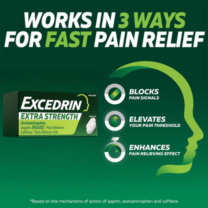 Excedrin Extra Strength Caplets for Headache Pain Relief, Acetaminophen 250mg, Aspirin 250mg, Caffeine 65mg, Pain Reliever, 24 count - Maple Wellness Supplements