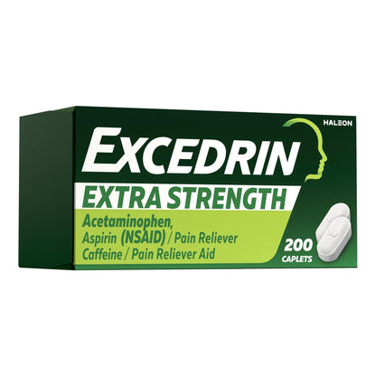 Excedrin Extra Strength Pain Relief Caplets for Headache Relief, Acetaminophen 250mg, Aspirin 250mg, Caffeine 65mg, Pain Reliever, 200 Count - Maple Wellness Supplements