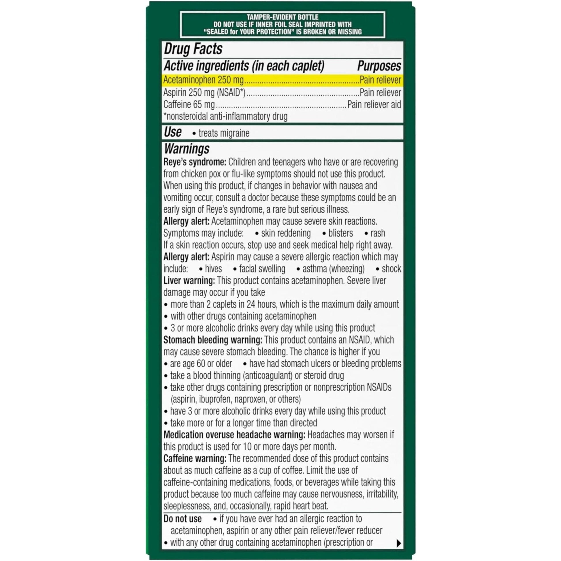 Excedrin Migraine Relief Caplets for Migraine Symptoms, Acetaminophen 250mg, Aspirin 250mg, Caffeine 65mg, Pain Reliever, 100 Count - Maple Wellness Supplements