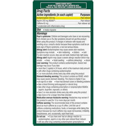 Excedrin Migraine Relief Caplets for Migraine Symptoms, Acetaminophen 250mg, Aspirin 250mg, Caffeine 65mg, Pain Reliever, 100 Count - Maple Wellness Supplements