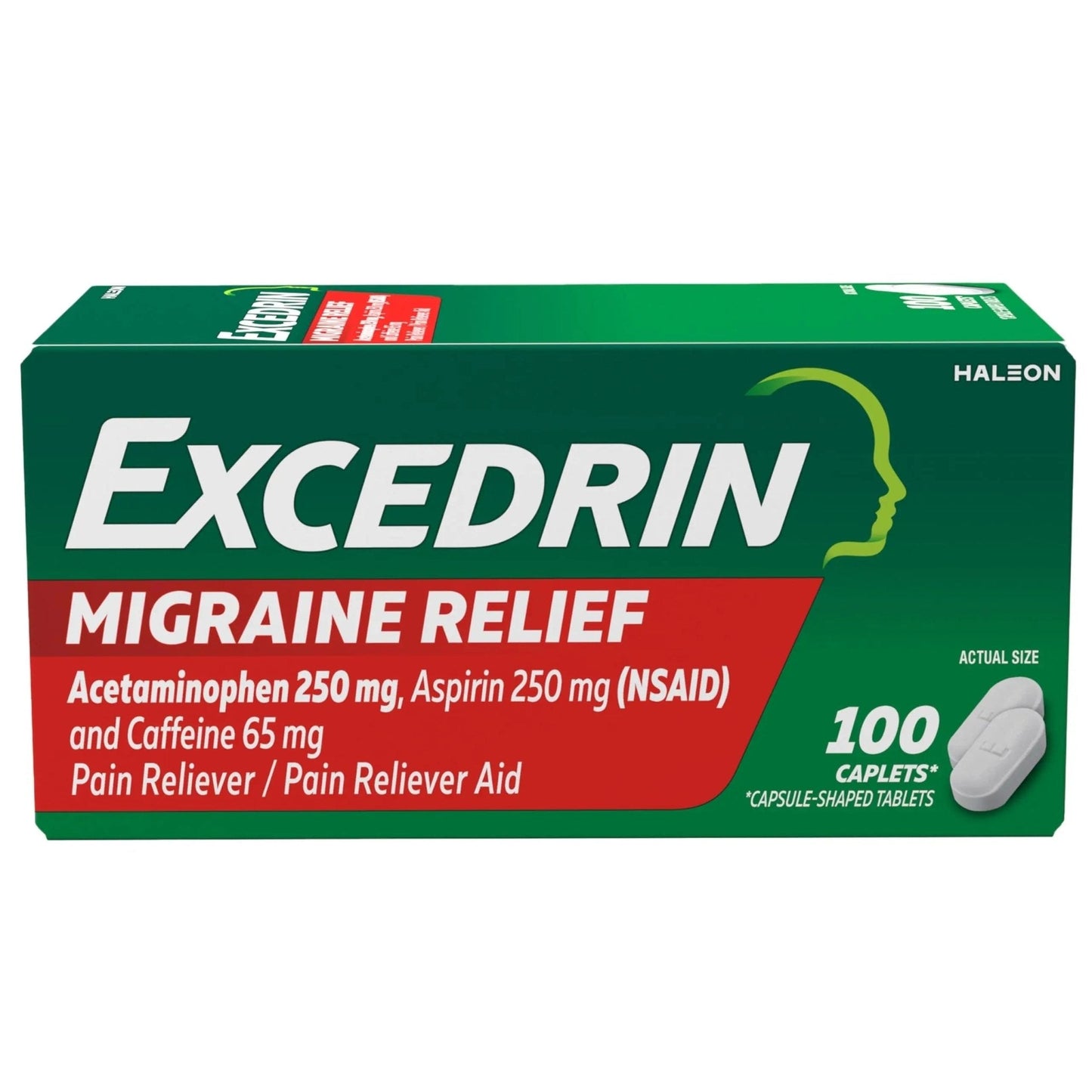 Excedrin Migraine Relief Caplets for Migraine Symptoms, Acetaminophen 250mg, Aspirin 250mg, Caffeine 65mg, Pain Reliever, 100 Count - Maple Wellness Supplements