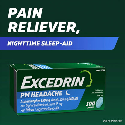 Excedrin PM for Headache Relief, Acetaminophen 250mg, Aspirin 250mg, Diphenhydramine Citrate 38mg, Pain Reliever, Nighttime Sleep-Aid, 24 Count - Maple Wellness Supplements