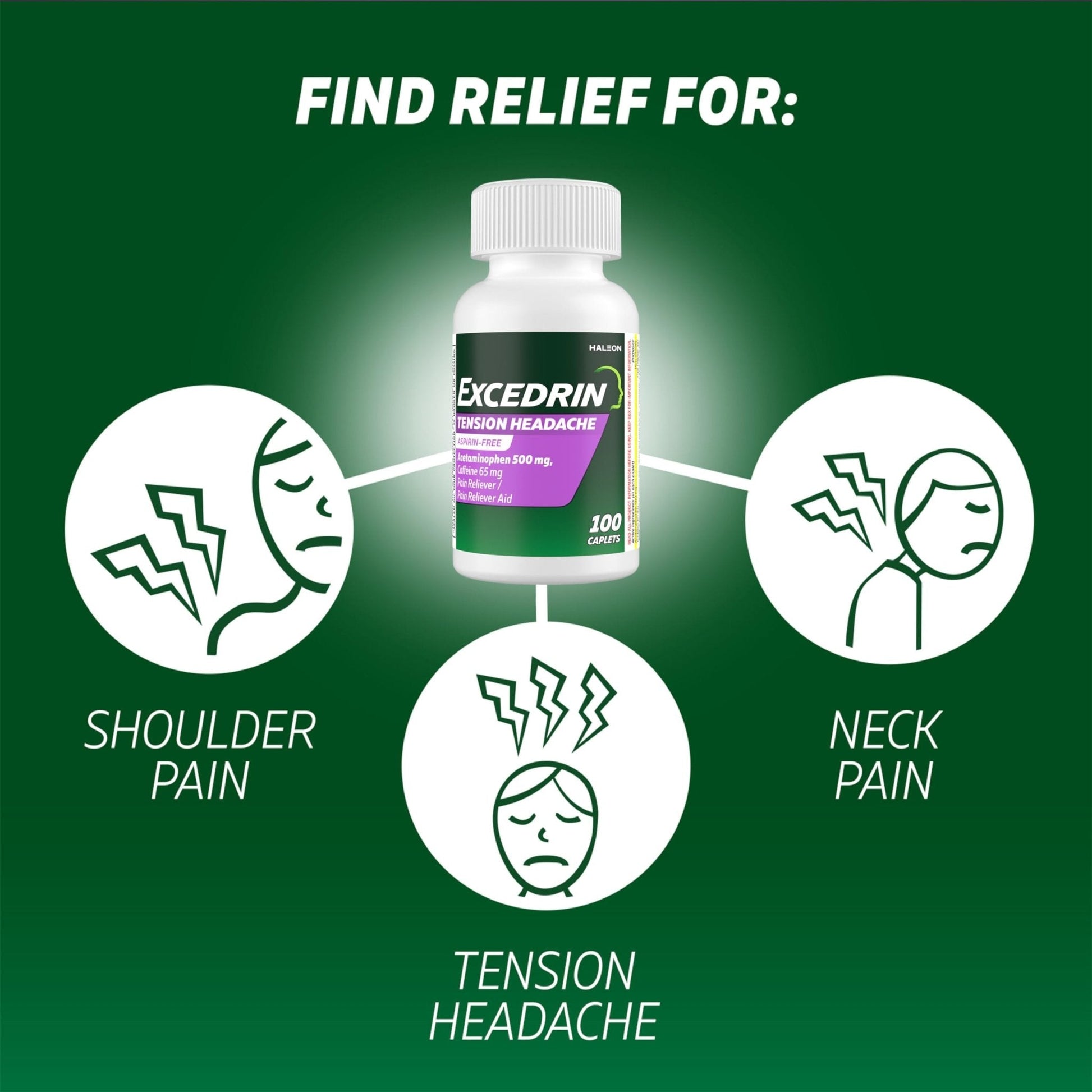 Excedrin Tension Headache Relief Caplets, Acetaminophen 500mg, Caffeine 65mg, Pain Reliever, Aspirin-Free, 100 Count - Maple Wellness Supplements