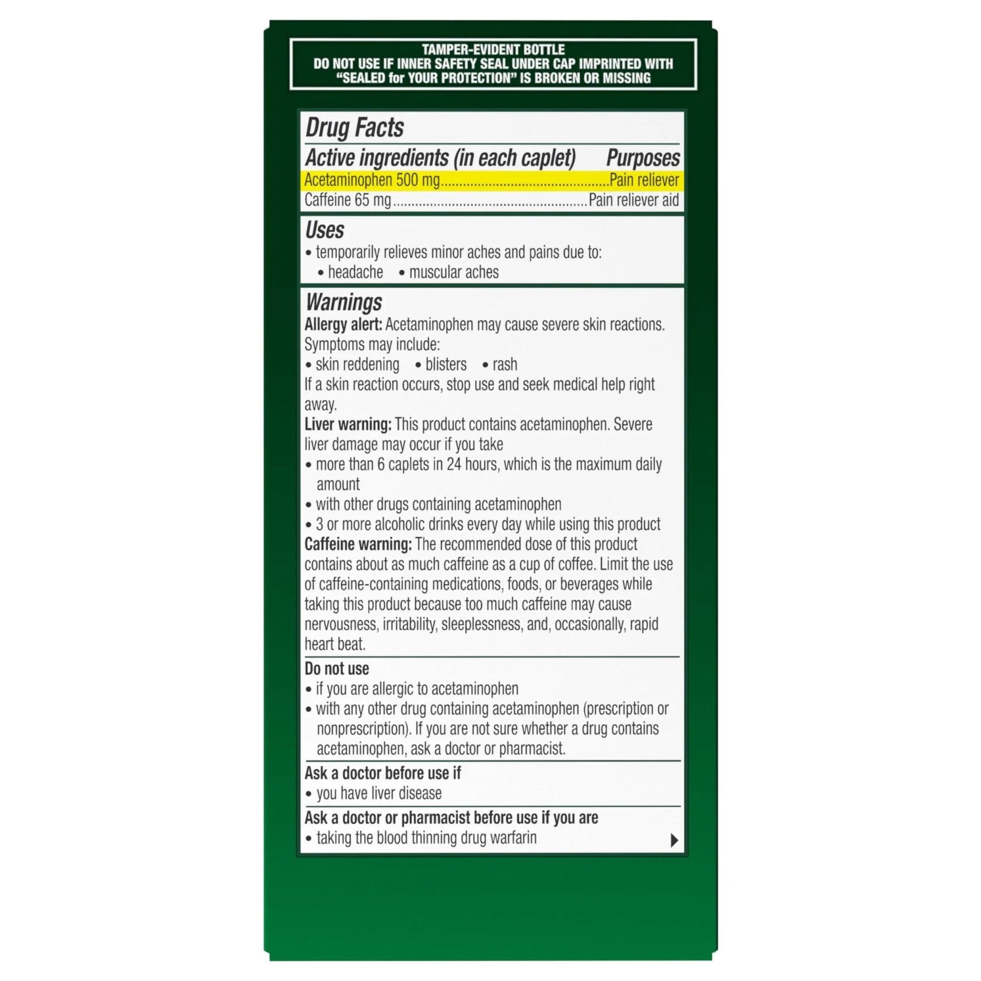 Excedrin Tension Headache Relief Caplets, Acetaminophen 500mg, Caffeine 65mg, Pain Reliever, Aspirin-Free, 100 Count - Maple Wellness Supplements