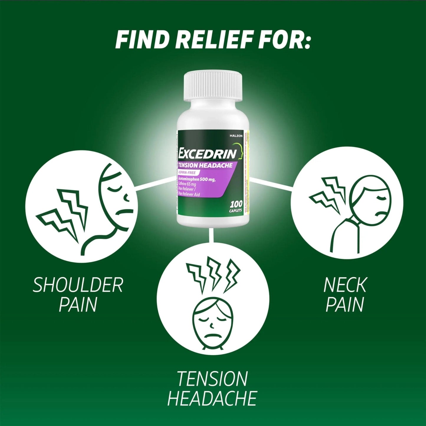 Excedrin Tension Headache Relief Caplets, Acetaminophen 500mg, Caffeine 65mg, Pain Reliever, Aspirin-Free, 100 Count - Maple Wellness Supplements