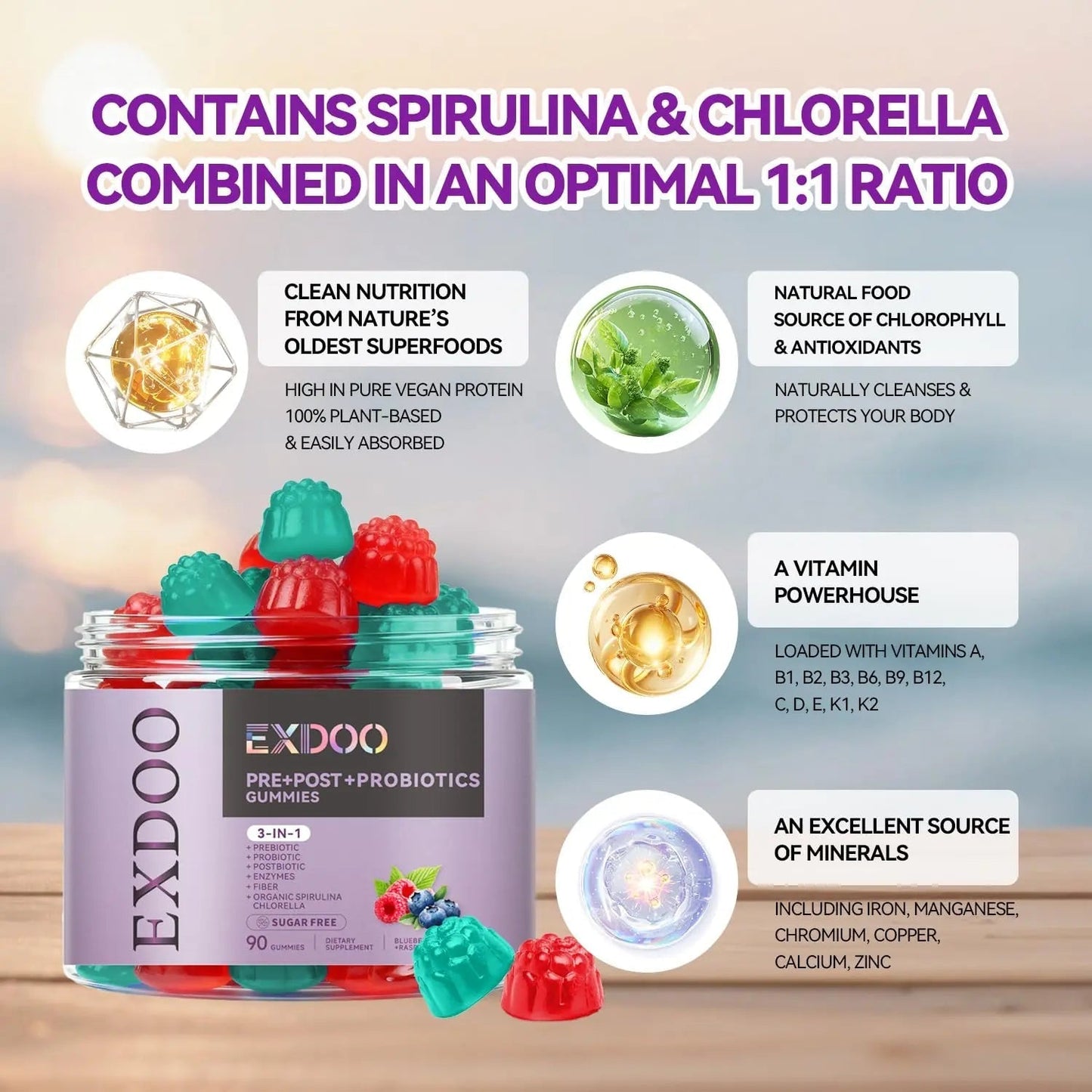 exdoo 3-in-1 Probiotic Gummies Prebiotic+Probiotic+Postbiotic with Organic Spirulina Chlorella Immune Gut & Digestive Support 90 Count - Maple Wellness Supplements