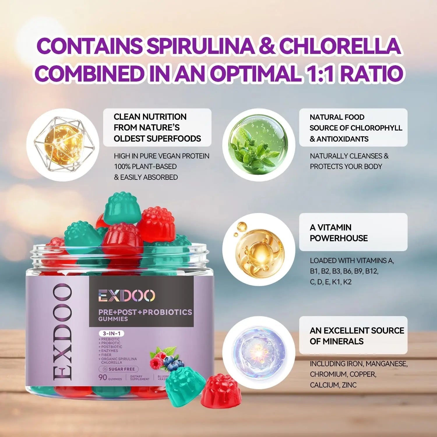exdoo 3-in-1 Probiotic Gummies Prebiotic+Probiotic+Postbiotic with Organic Spirulina Chlorella Immune Gut & Digestive Support 90 Count - Maple Wellness Supplements