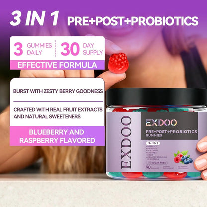 exdoo 3-in-1 Probiotic Gummies Prebiotic+Probiotic+Postbiotic with Organic Spirulina Chlorella Immune Gut & Digestive Support 90 Count - Maple Wellness Supplements