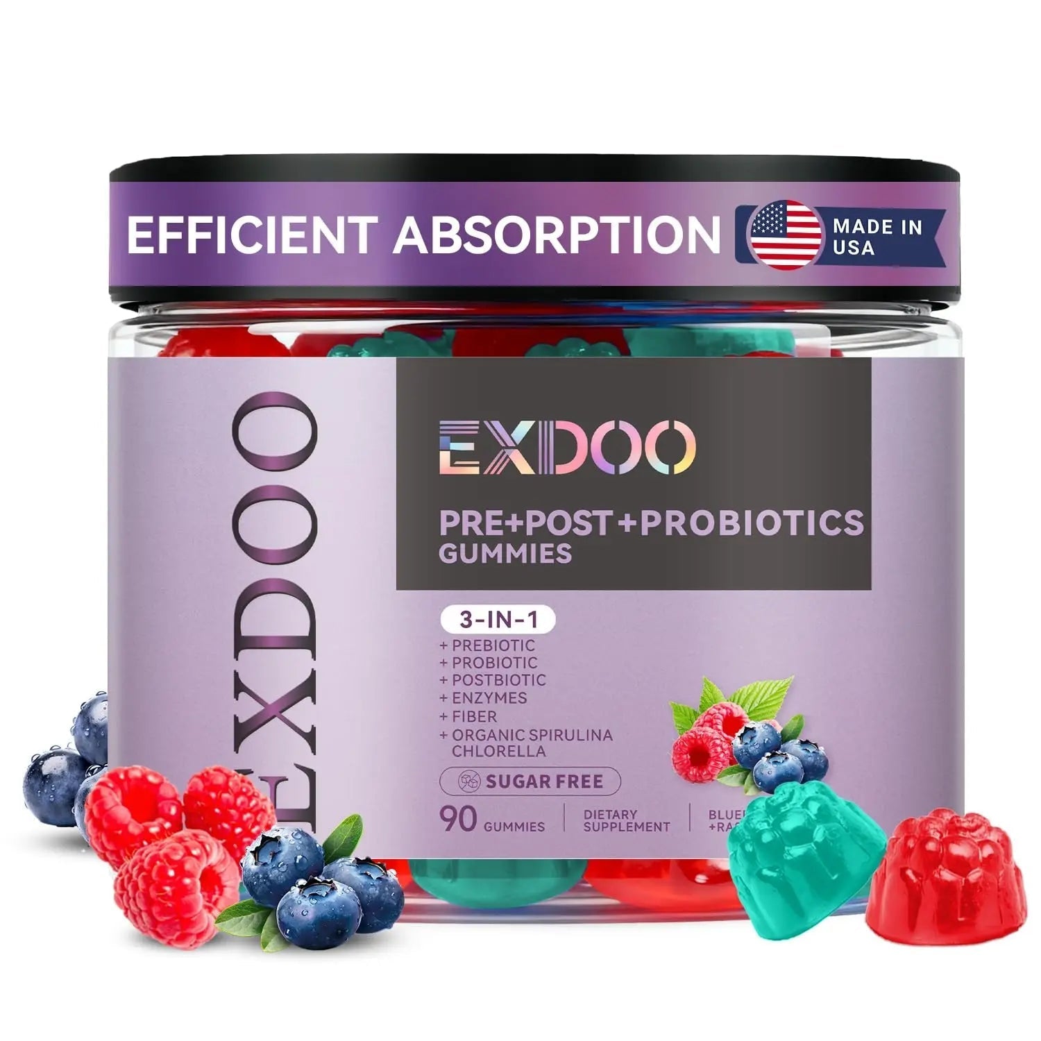 exdoo 3-in-1 Probiotic Gummies Prebiotic+Probiotic+Postbiotic with Organic Spirulina Chlorella Immune Gut & Digestive Support 90 Count - Maple Wellness Supplements