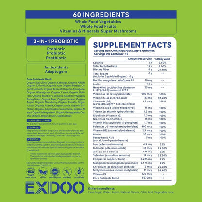 exdoo Super Greens Fiber Gummies Multivitamin Superfood Gummy with Spirulina Chlorella Prebiotic Probiotic Postbiotic for Digestive Health Supplement 15 Packs 120 Gummies - Maple Wellness Supplements