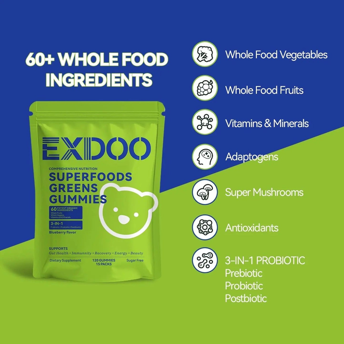 exdoo Super Greens Fiber Gummies Multivitamin Superfood Gummy with Spirulina Chlorella Prebiotic Probiotic Postbiotic for Digestive Health Supplement 15 Packs 120 Gummies - Maple Wellness Supplements