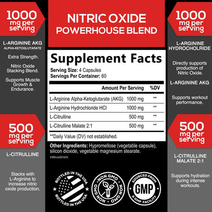 Extra Strength Nitric Oxide Booster - 3X Strength L-Arginine AKG & Citrulline Malate - Men & Women Premium Pre Workout Nitric Booster - Natural Energy & Muscle Support - Maple Wellness Supplements