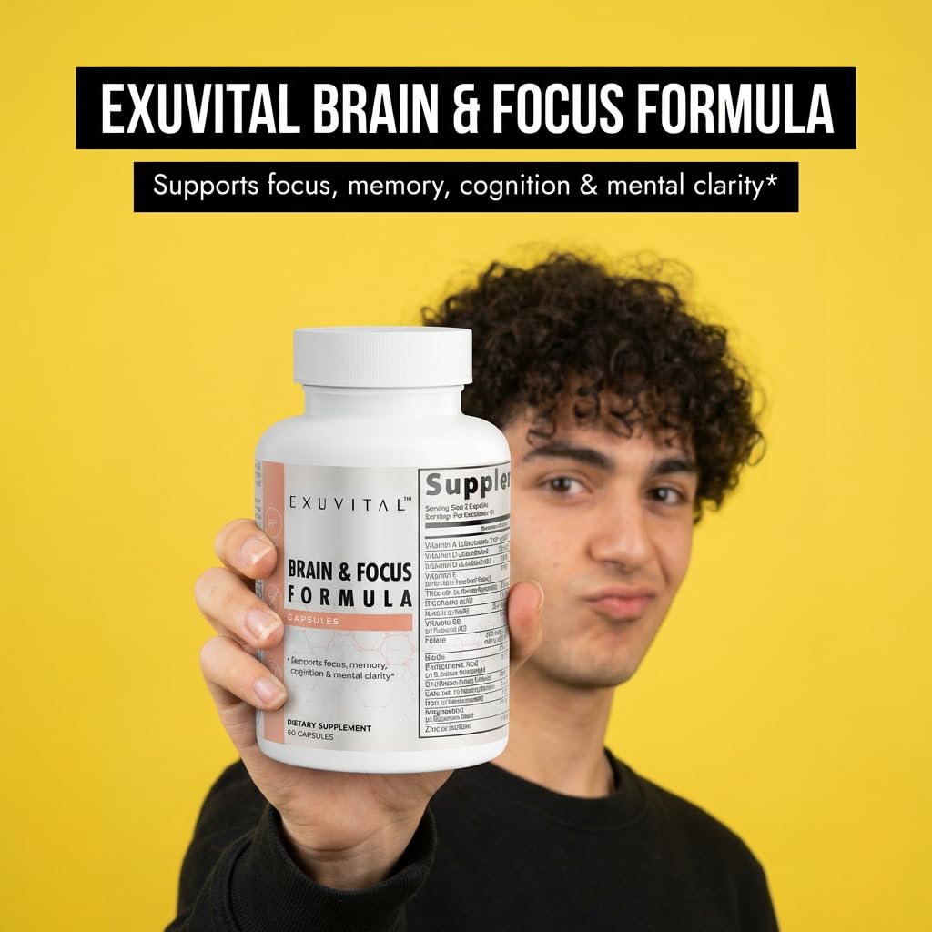 EXUVITAL Brain & Focus Formula, Veggie Capsules, 60 Count, Nootropic Supplement with Vitamins, Minerals and Proprietary Blend for Clarity, Memory, Cognition and Mental Focus - Maple Wellness Supplements