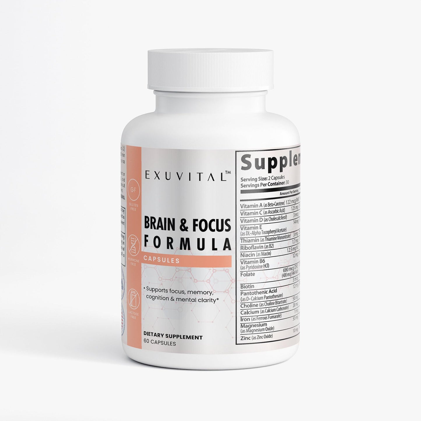 EXUVITAL Brain & Focus Formula, Veggie Capsules, 60 Count, Nootropic Supplement with Vitamins, Minerals and Proprietary Blend for Clarity, Memory, Cognition and Mental Focus - Maple Wellness Supplements