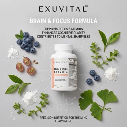 EXUVITAL Brain & Focus Formula, Veggie Capsules, 60 Count, Nootropic Supplement with Vitamins, Minerals and Proprietary Blend for Clarity, Memory, Cognition and Mental Focus - Maple Wellness Supplements