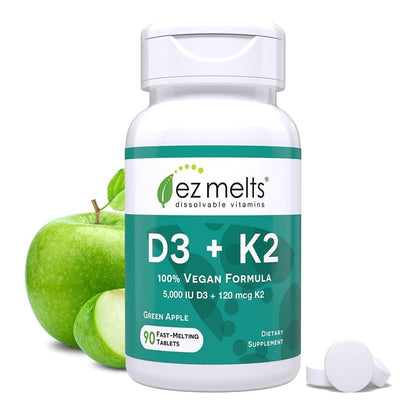 EZ Melts Dissolvable Vegan Vitamin D3 + K2 5,000 IU - Bone & Heart Health Support - Immune Function Support - No Artificial Flavors - Non-GMO - Green Apple - Maple Wellness Supplements