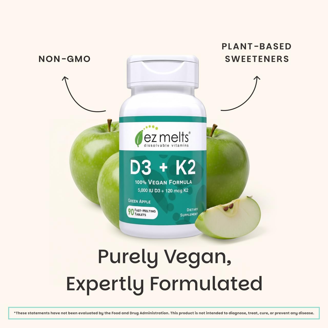 EZ Melts Dissolvable Vegan Vitamin D3 + K2 5,000 IU - Bone & Heart Health Support - Immune Function Support - No Artificial Flavors - Non-GMO - Green Apple - Maple Wellness Supplements