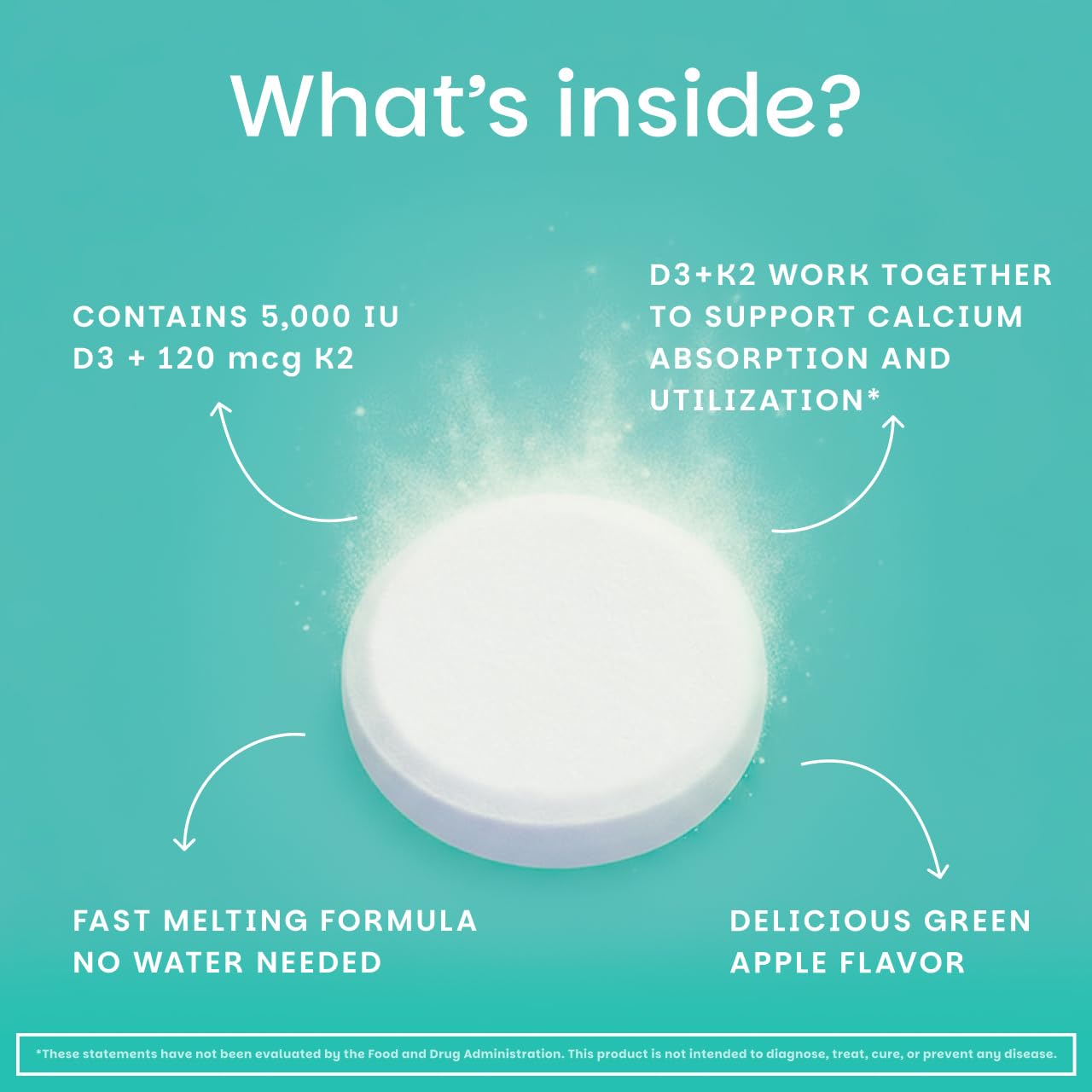 EZ Melts Dissolvable Vegan Vitamin D3 + K2 5,000 IU - Bone & Heart Health Support - Immune Function Support - No Artificial Flavors - Non-GMO - Green Apple - Maple Wellness Supplements