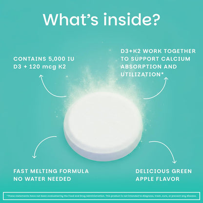 EZ Melts Dissolvable Vegan Vitamin D3 + K2 5,000 IU - Bone & Heart Health Support - Immune Function Support - No Artificial Flavors - Non-GMO - Green Apple - Maple Wellness Supplements