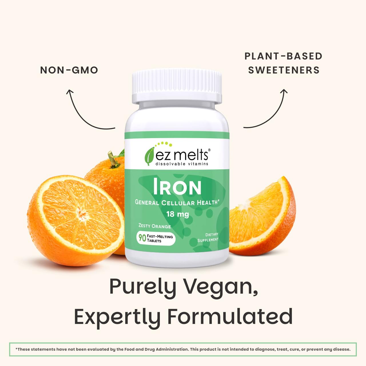 EZ Melts Iron - Supplement for Daily Energy & Iron Support - with Vitamin C - No Artificial Flavors - Non-GMO & Vegan - Zesty Orange - Maple Wellness Supplements
