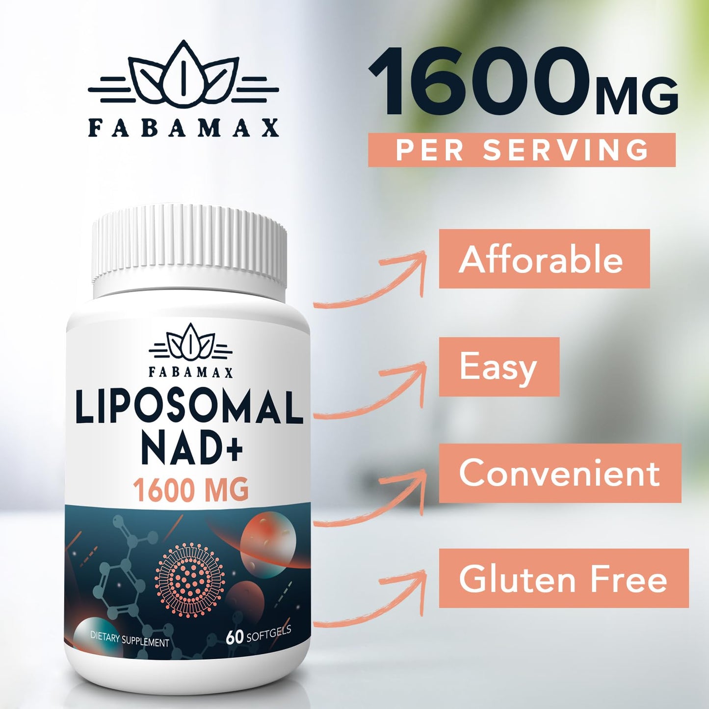 Fabamax 1600 mg Liposomal NAD Supplement, 98% Pure NAD+ Supplement, Superior Absorption, Alternative to Nicotinamide Riboside or NADH to Boost NAD+ for Aging Defense, Energy, Longevity, 120 Softgels - Maple Wellness Supplements