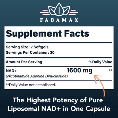 Fabamax 1600 mg Liposomal NAD Supplement, 98% Pure NAD+ Supplement, Superior Absorption, Alternative to Nicotinamide Riboside or NADH to Boost NAD+ for Aging Defense, Energy, Longevity, 120 Softgels - Maple Wellness Supplements