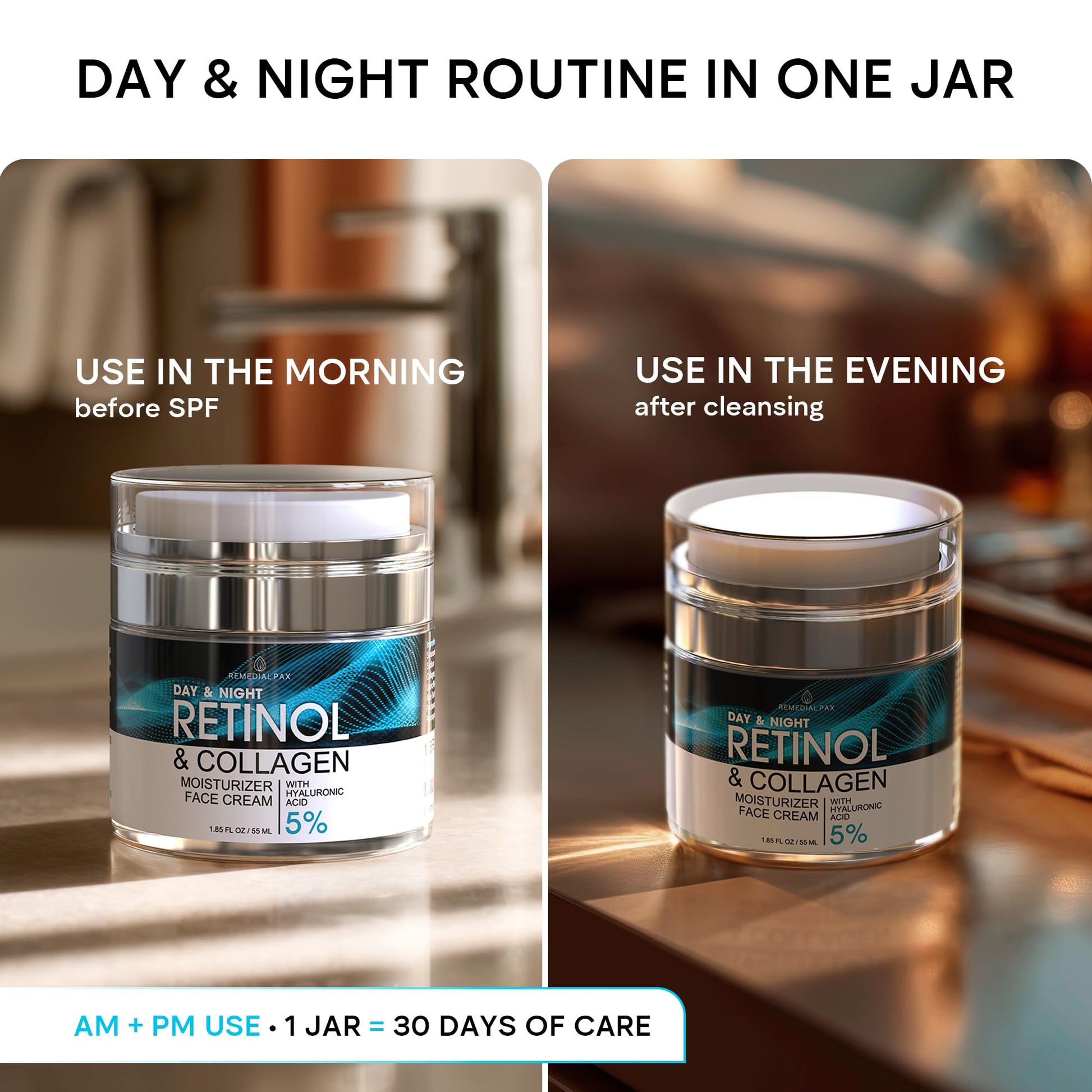Face Moisturizer Retinol Cream, Anti Aging Neck Firming Cream, Collagen Day & Night Face Cream with Hyaluronic Acid for Women & Men, 1.85 Fl Oz - Maple Wellness Supplements