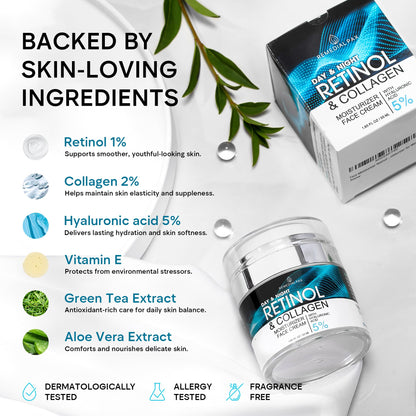 Face Moisturizer Retinol Cream, Anti Aging Neck Firming Cream, Collagen Day & Night Face Cream with Hyaluronic Acid for Women & Men, 1.85 Fl Oz - Maple Wellness Supplements