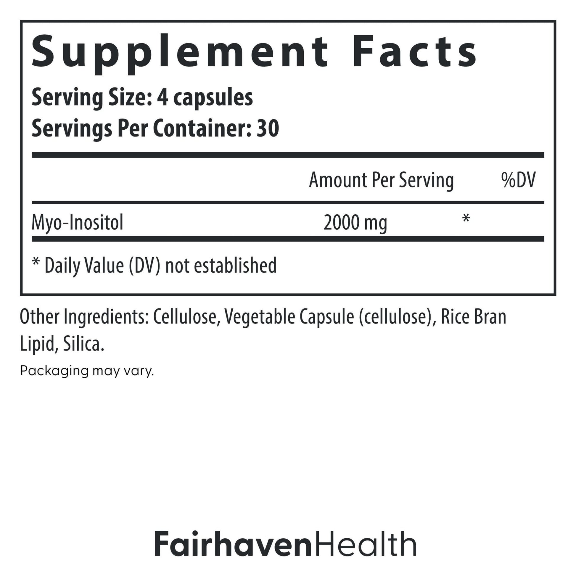 Fairhaven Health Myo-Inositol Supplement for Women and Men | Vitamin B8 2000mg | Vegan Inositol Powder Capsules | Gluten, Dairy and Soy Free | 120 Inositol Capsules - Maple Wellness Supplements