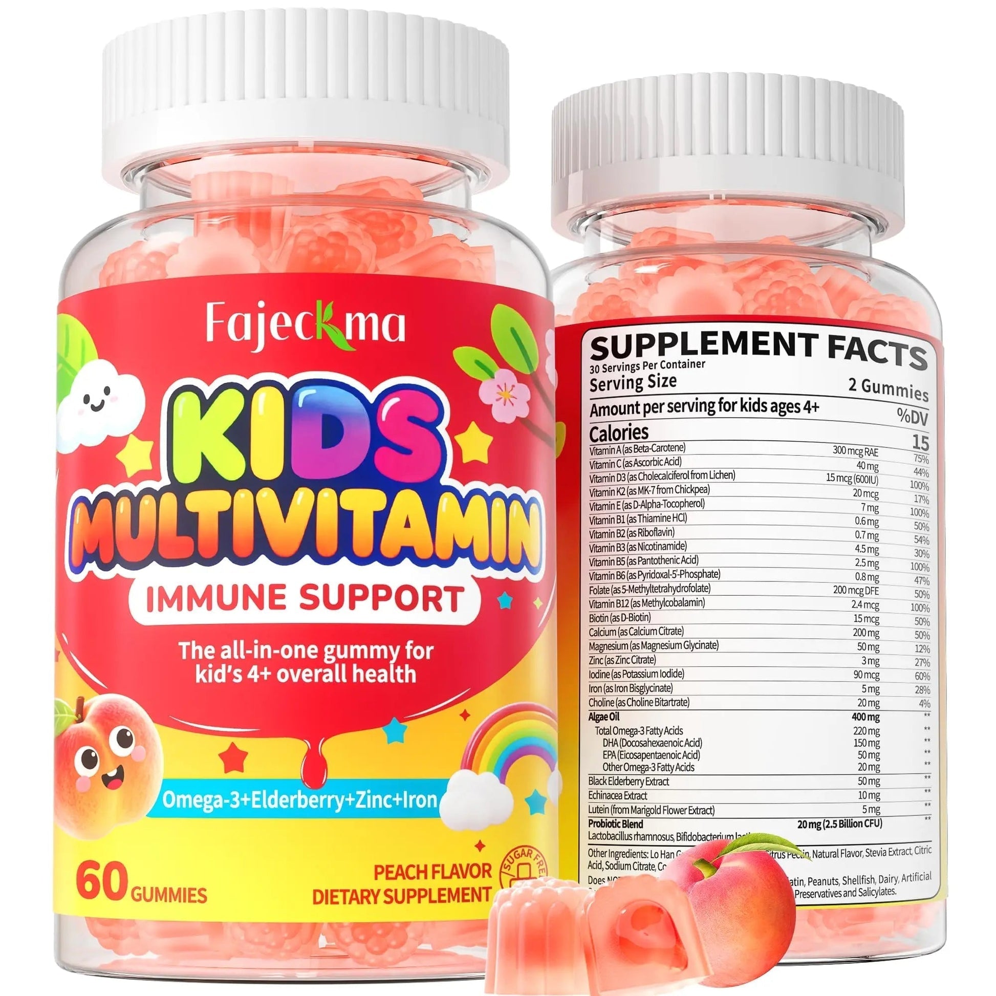 Fajeckma Organic Kids Multivitamin Gummies: Sugar Free Multi Vitamin Gummy with Vitamins D3 Iron Omega Probiotic Elderberry Calcium Zinc Dha - Maple Wellness Supplements