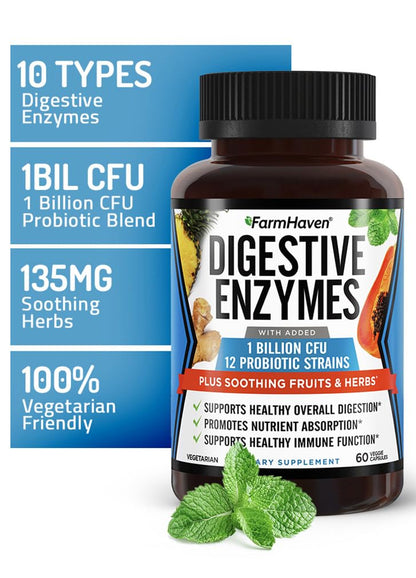 FarmHaven Digestive Enzymes with 18 Probiotics & Herbs | Papaya, Bromelain, Protease & More for Lactose Absorption & Better Digestion | Helps Bloating - Maple Wellness Supplements