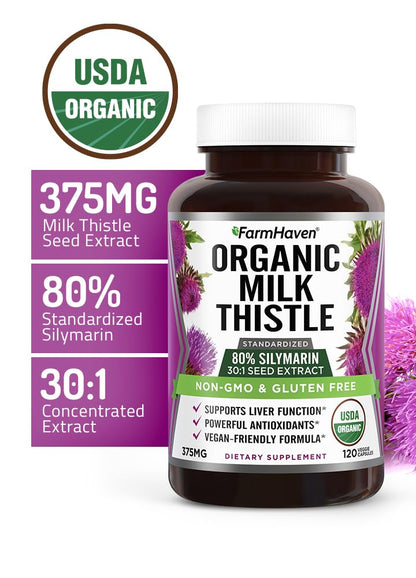 FarmHaven USDA Organic Milk Thistle Capsules | 30X Concentrated Seed Extract & 80% Silymarin Standardized - Supports Liver Function and Overall Health - Maple Wellness Supplements
