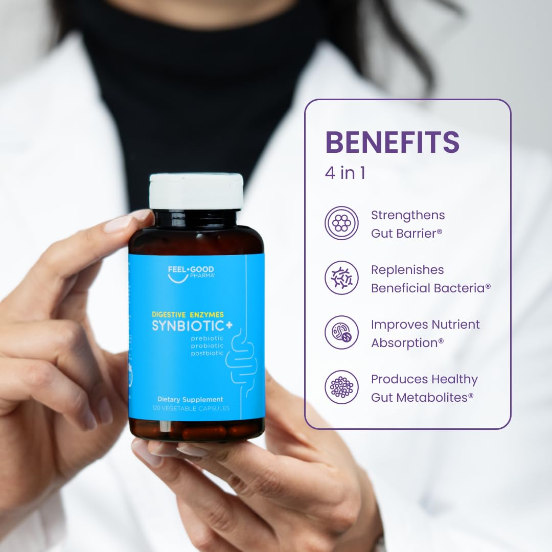 Feel Good Digestive Enzymes 4-in-1 Synbiotic+ – with Prebiotics, Probiotics & Postbiotics – Gut Health, Digestion & Bloating Relief - Maple Wellness Supplements