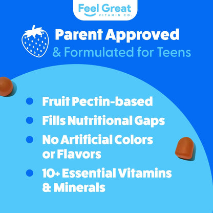 Feel Great Teen Vitamins Multivitamin Gummies | Citrus & Strawberry Flavor for Teen Boys & Girls | for Bone, Muscle & Immune Support | - Maple Wellness Supplements