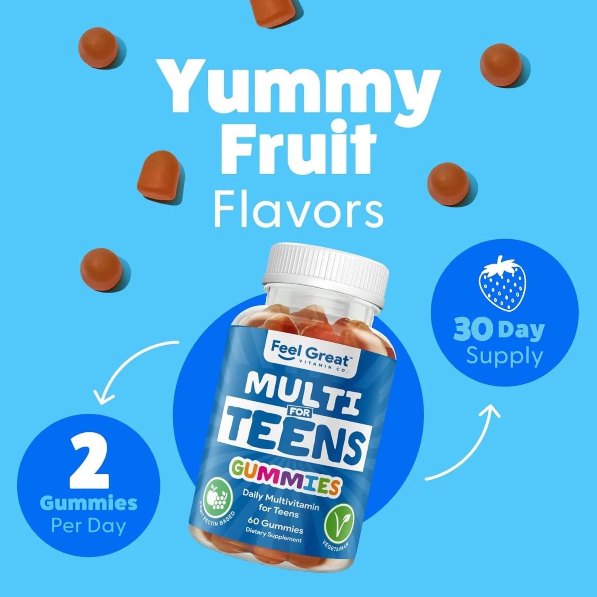 Feel Great Teen Vitamins Multivitamin Gummies | Citrus & Strawberry Flavor for Teen Boys & Girls | for Bone, Muscle & Immune Support | - Maple Wellness Supplements