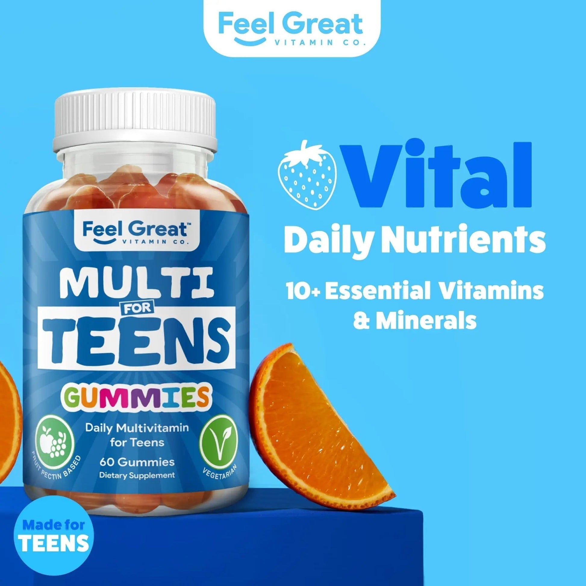 Feel Great Teen Vitamins Multivitamin Gummies | Citrus & Strawberry Flavor for Teen Boys & Girls | for Bone, Muscle & Immune Support | - Maple Wellness Supplements