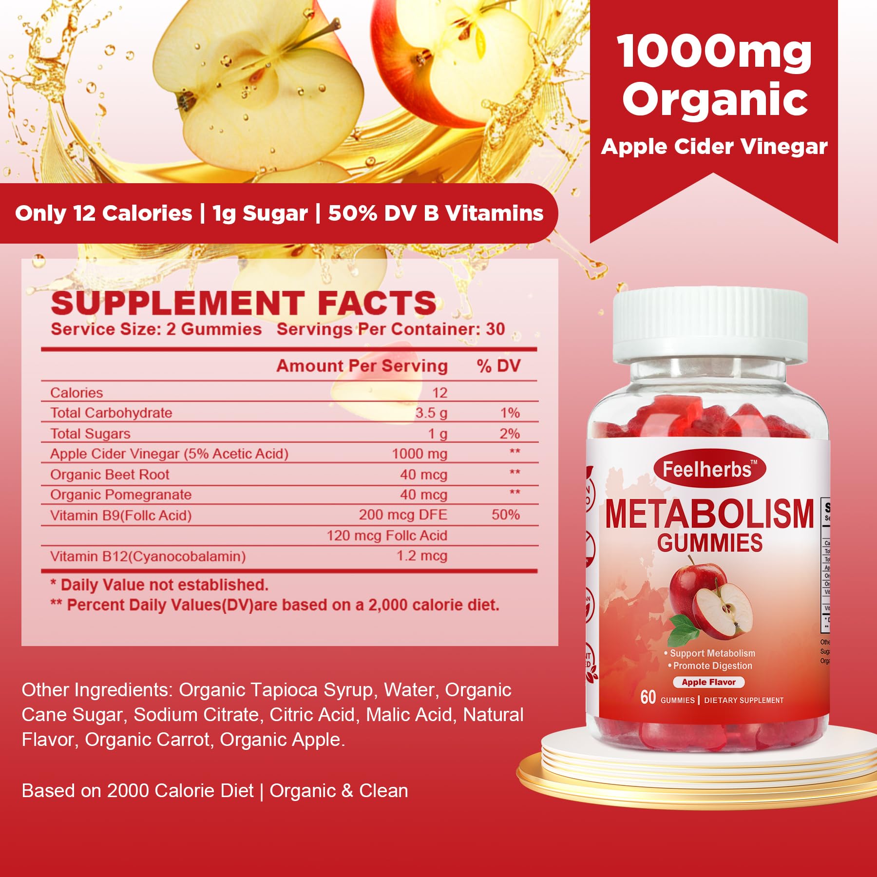Feelherbs Metabolism Gummies for Women and Men Digestion & Energy, 60 Count Apple Cider Vinegar Gummies with Vitamin B12 & Beet Root, Chewable Keto ACV Vitamin for Metabolism & Detox Cleanse - Maple Wellness Supplements