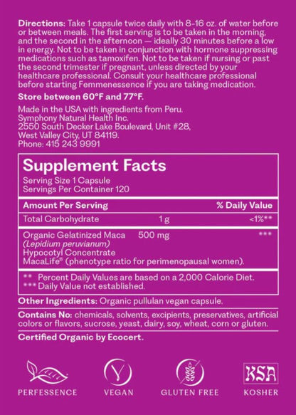 Femmenessence® MacaLife® – Clinically Proven Perimenopausal Organic Vegan Supplement for Natural Hormone Balance, Symptom Relief, Heart & Mood Support (120 Capsules, 60 Day Supply) - Maple Wellness Supplements