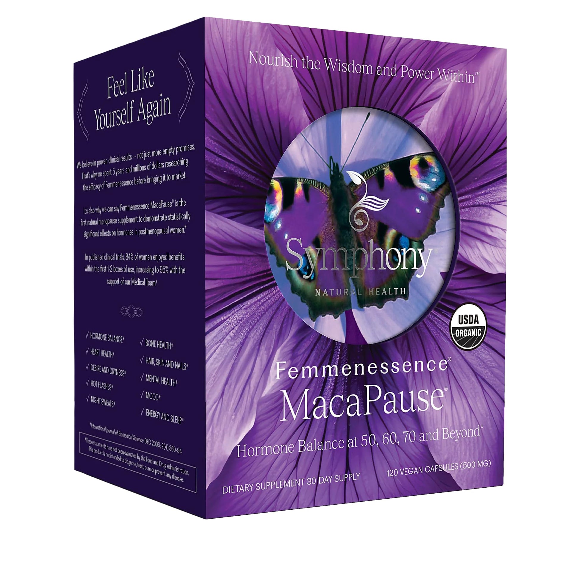 Femmenessence® MacaPause® – Clinically Proven Postmenopausal Organic Vegan Supplement for Natural Hormone Balance, Menopause Symptom Relief, Bone & Heart Health (120 Capsules, 30 Day Supply) - Maple Wellness Supplements