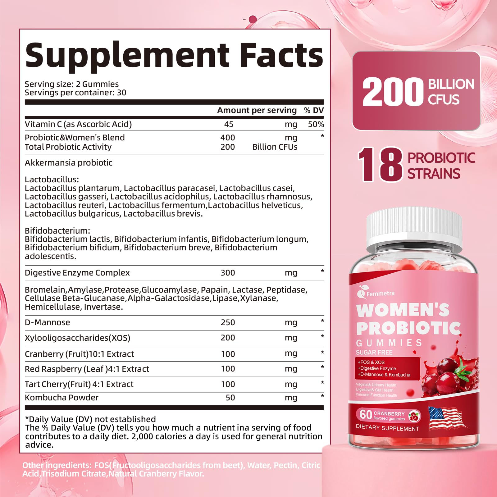 Femmetra 18-in-1 Probiotics for Women with Prebiotics - 200 Billion CFU with Digestive Enzyme, Cranberry, Kombucha - Sugar-Free Vaginal Gummies, - Maple Wellness Supplements