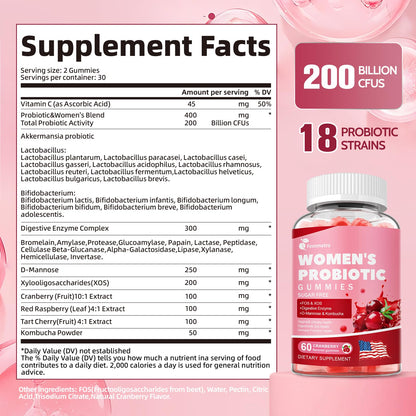 Femmetra 18-in-1 Probiotics for Women with Prebiotics - 200 Billion CFU with Digestive Enzyme, Cranberry, Kombucha - Sugar-Free Vaginal Gummies, - Maple Wellness Supplements
