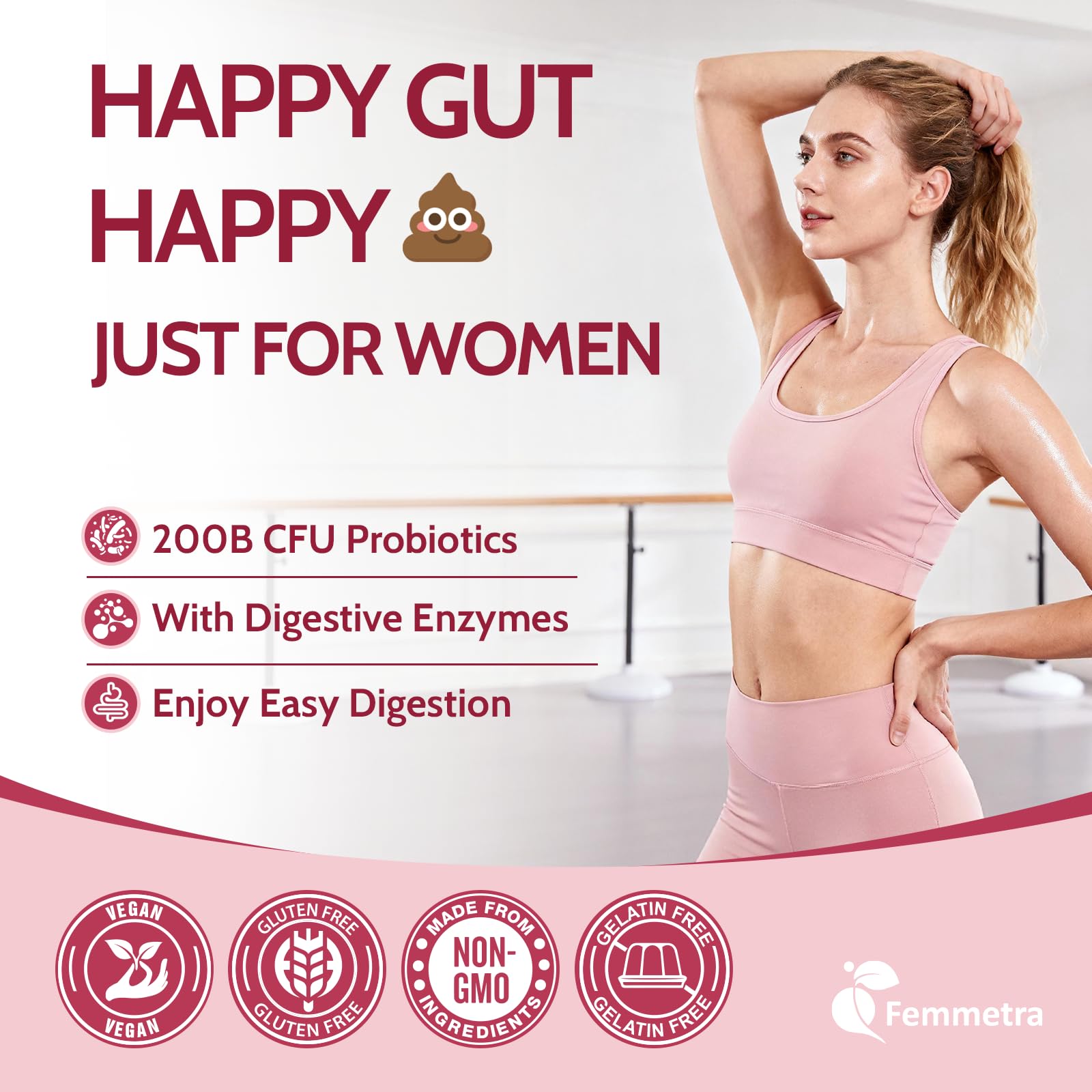 Femmetra 18-in-1 Probiotics for Women with Prebiotics - 200 Billion CFU with Digestive Enzyme, Cranberry, Kombucha - Sugar-Free Vaginal Gummies, - Maple Wellness Supplements