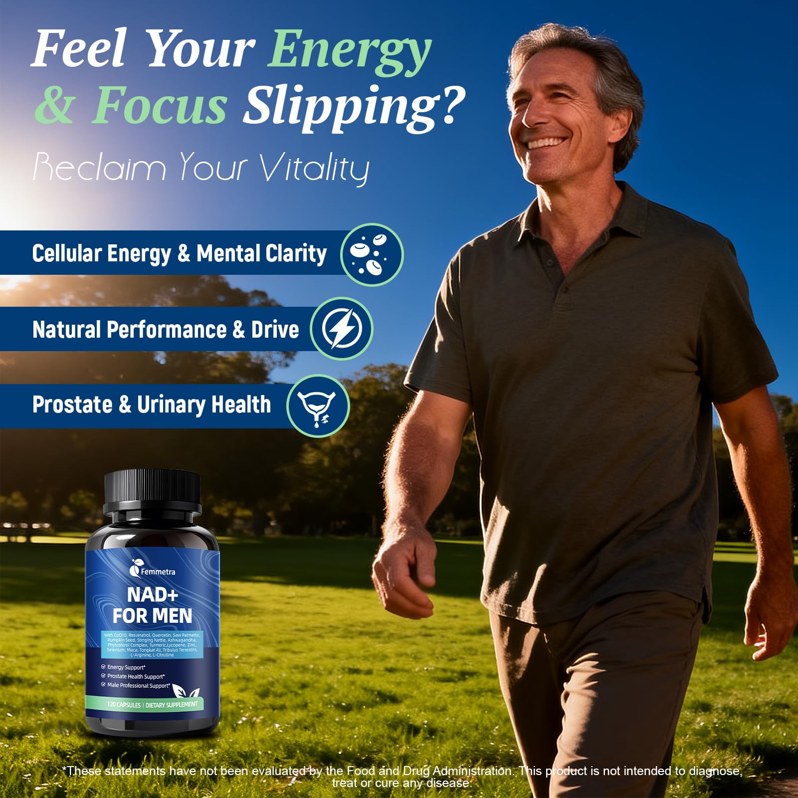 Femmetra NAD+ Supplements for Men with Saw Palmetto | All-in-One Cellular Energy, Prostate Support & Nitric Oxide Supplement with Resveratrol, L-Arginine | Non-GMO, 120 Capsules - Maple Wellness Supplements