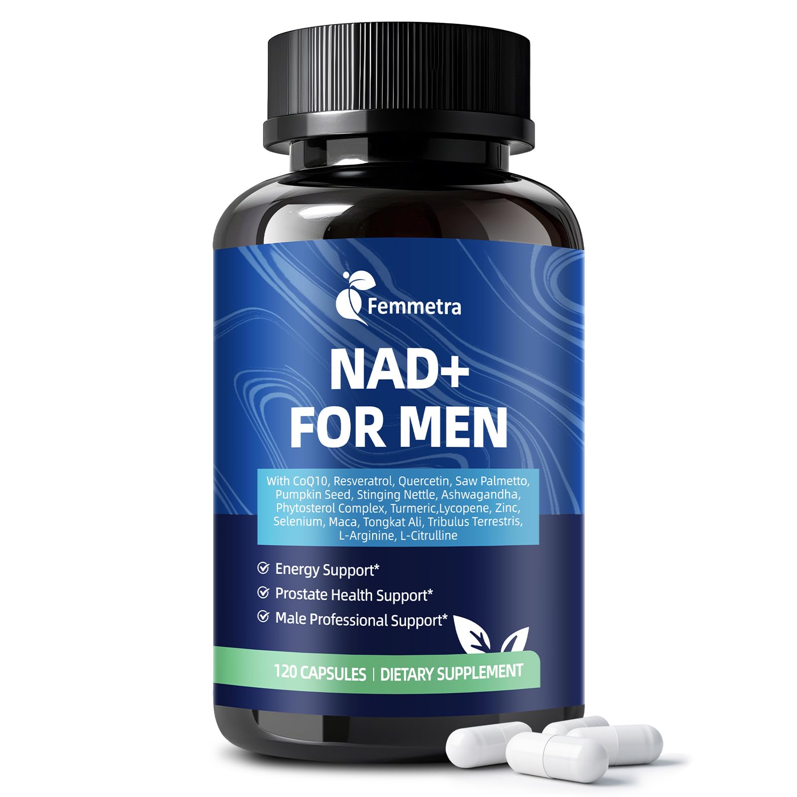 Femmetra NAD+ Supplements for Men with Saw Palmetto | All-in-One Cellular Energy, Prostate Support & Nitric Oxide Supplement with Resveratrol, L-Arginine | Non-GMO, 120 Capsules - Maple Wellness Supplements