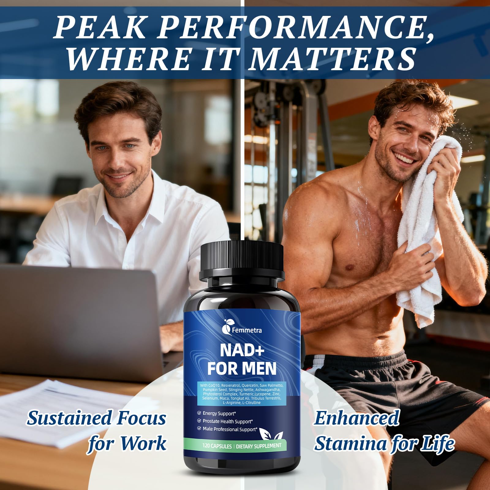 Femmetra NAD+ Supplements for Men with Saw Palmetto | All-in-One Cellular Energy, Prostate Support & Nitric Oxide Supplement with Resveratrol, L-Arginine | Non-GMO, 120 Capsules - Maple Wellness Supplements
