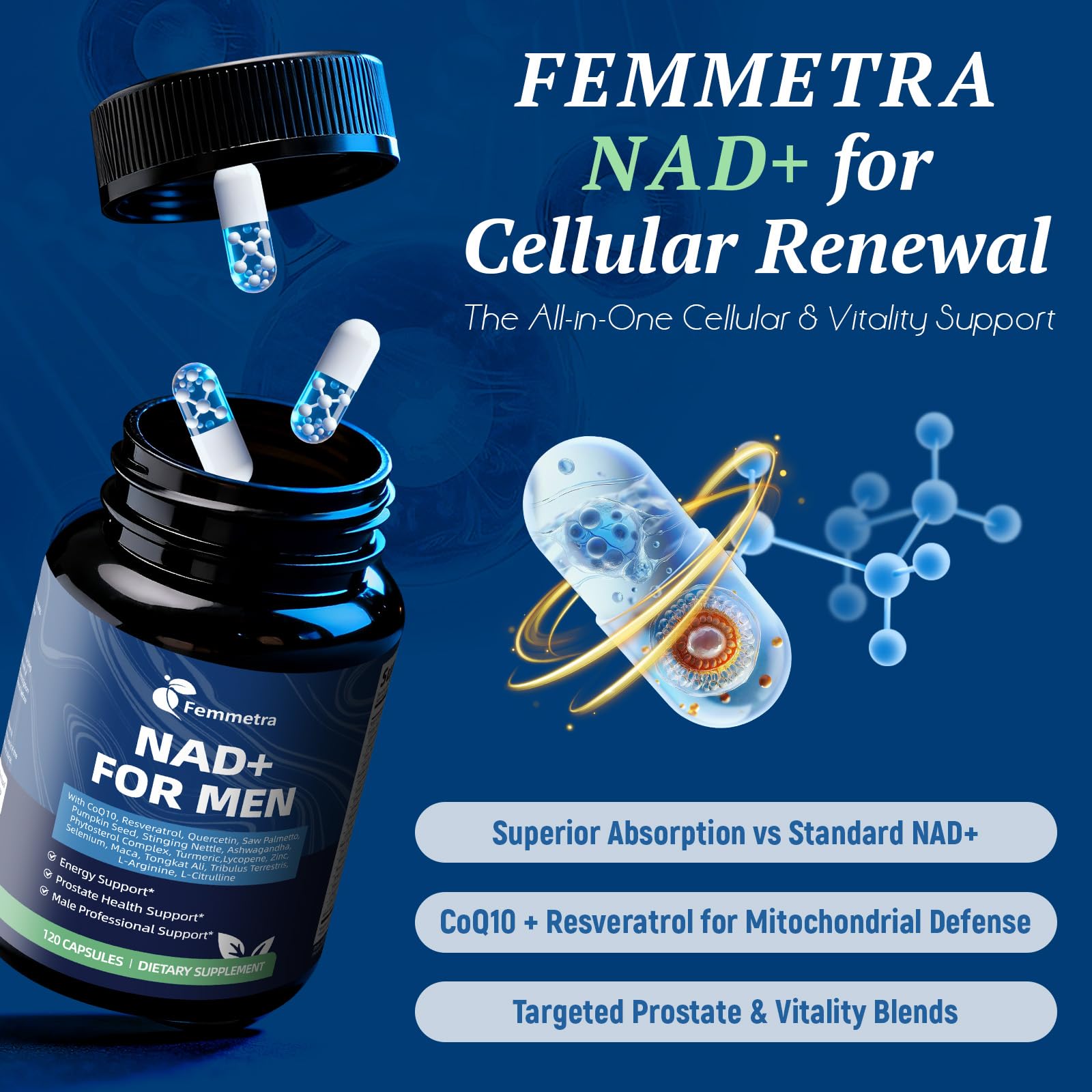 Femmetra NAD+ Supplements for Men with Saw Palmetto | All-in-One Cellular Energy, Prostate Support & Nitric Oxide Supplement with Resveratrol, L-Arginine | Non-GMO, 120 Capsules - Maple Wellness Supplements